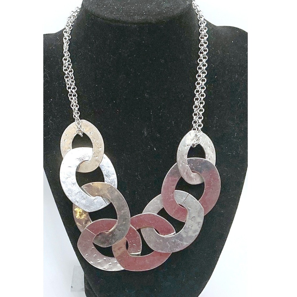 Hammered Link Statement Necklace Silver Tone Chunky‎ Collar Necklace 16-19"